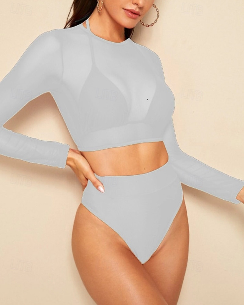 Damen Bikini-Sets Bikini mit hohem Bund Einfarbig Netz UV Schutz Elastisch Langarm Bademode Badeanzug Surfen Tauchen Schwimmen Sommer 2026 - $20.99 –P6