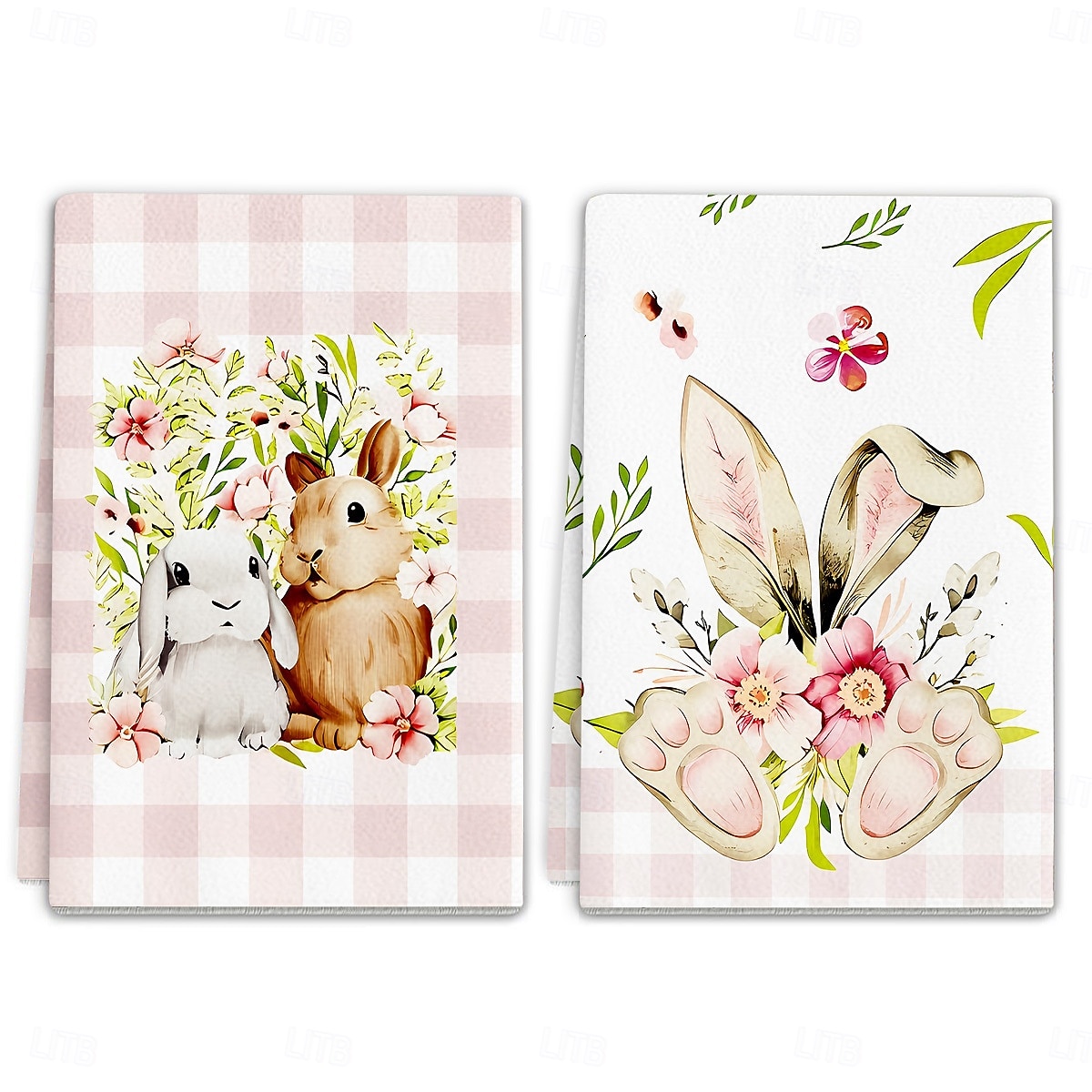 2 stk. kjøkkenhåndklær med påskehare-trykk, vaskbare vårhåndklær med påskehare &eggmønstre, moderne gårdshus rektangulære oppvaskkluter egnet for vårsesongdekorasjonsgave 2026 - $9.99 –P14