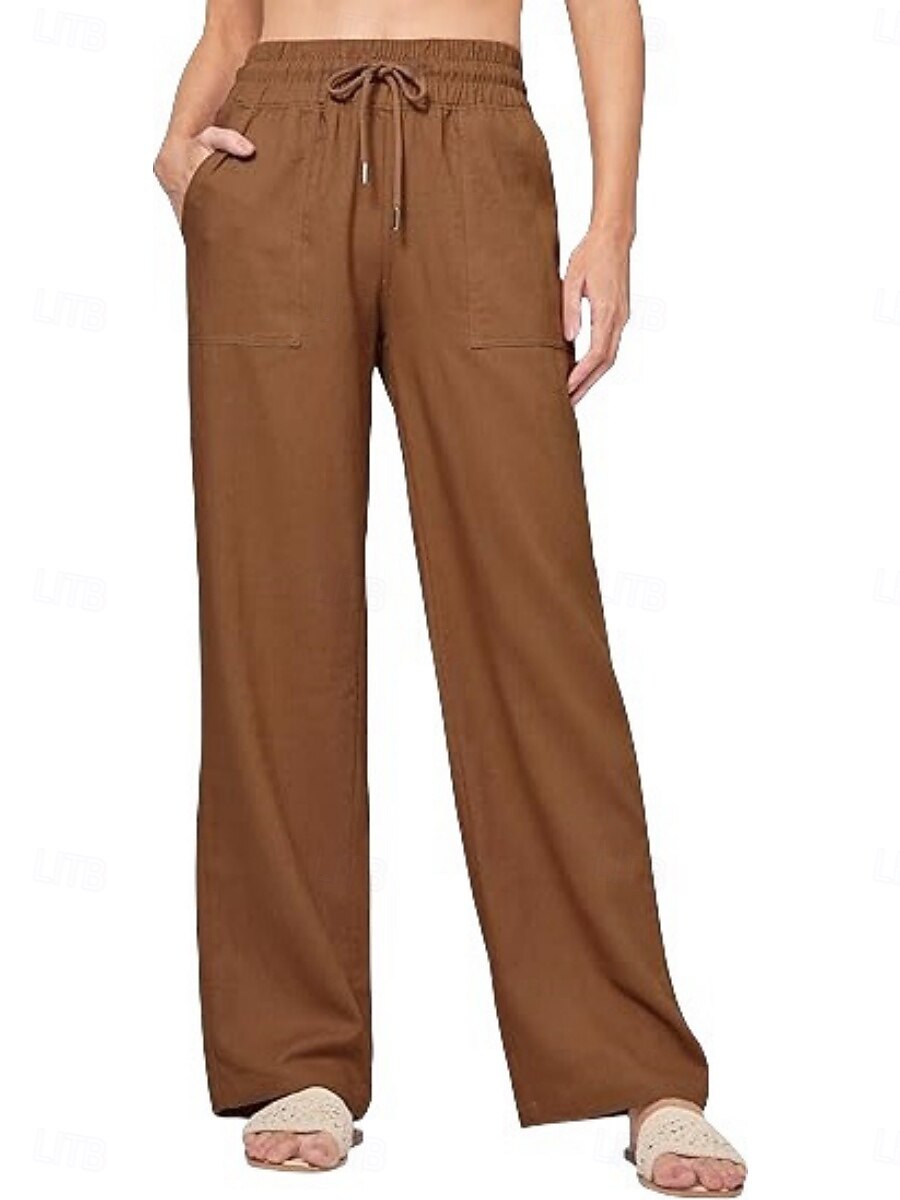 Naisten Puuvillaiset pellavahousut Kiinalainen Kesähousut Suora Loma Perus Vapaa-aika Täyspitkä Korka vyötärö Yhtenäinen väri Tasku Elastinen vyötärönauha Mukava Pehmeä Elastinen ulko- Katu Sininen 2026 - $42.99 –P10