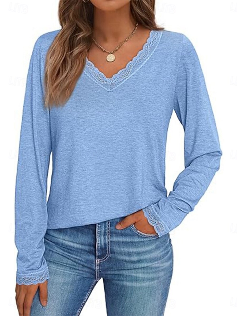 Women's T-Shirt  Solid Color Stylish Casual Long Sleeve V Neck Regular Tops Daily Lace Patchwork Blue Black White Green Dark Gray Spring Fall Winter 2026 - $24.99 –P1