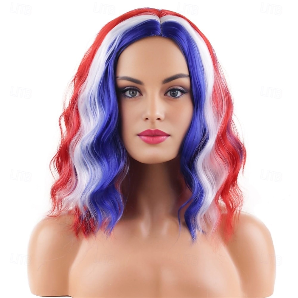 4. juli Flag Parykk Kvinner Kort Krøllete Rød Hvit og Blå Kostyme Parykker Uavhengighetsdag Cosplay Fest 2026 - $24.99 –P1