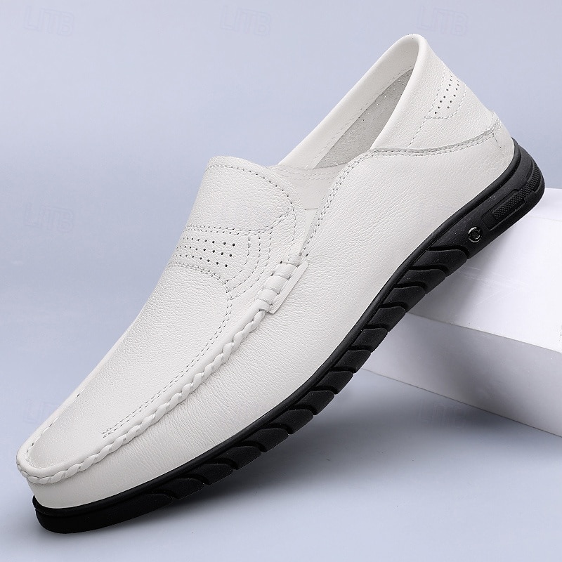 Men's White Moccasin Shoes, Genuine Faux Leather, Breathable Design, Classic Style, Comfortable for Casual Wear 2026 - $69.99 –P1