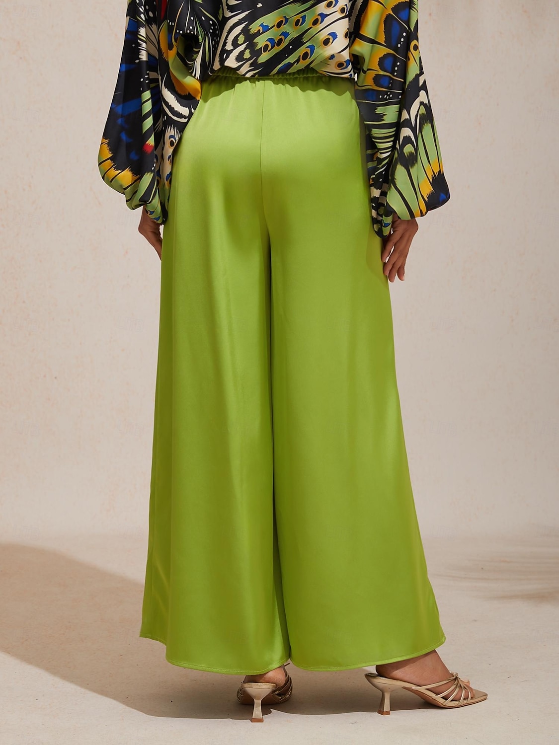 pantaloni a gamba larga in raso setoso con stampa farfalla della giungla del 2026 a $91.99 –P3