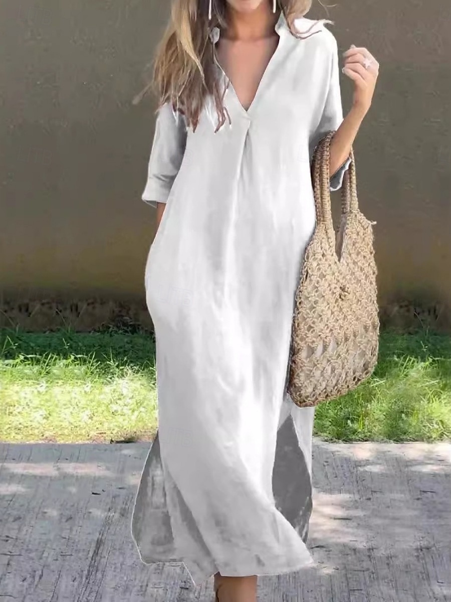Women's Maxi Dress Shift Dress Summer Dress Casual Daily Loose Fit Plain 3/4 Length Sleeve V Neck Blue Black White Red Summer Spring Fall 2026 - $29.99 –P7