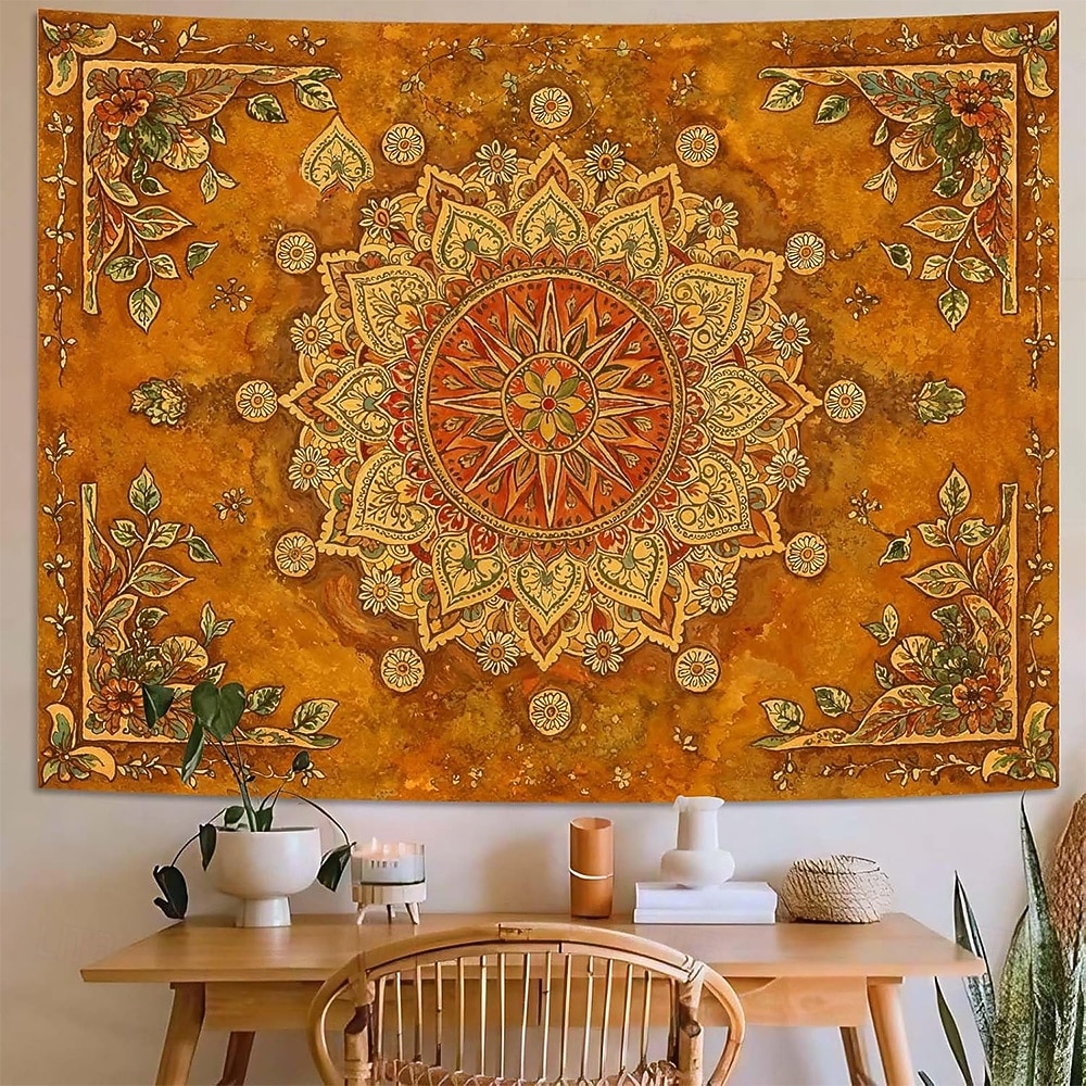 Tapeçaria de parede mandala amarelo mostarda, estilo boho vintage com design floral, grande, em tons terrosos, para decoração de casa, pôster de tecido para fundo de parede. de 2026 por $20.99 –P2