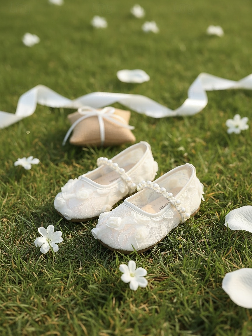 Dziecięce balerinki typu Mary Jane z koronkowymi paskami i perłowymi aplikacjami kwiatowymi, eleganckie buty ślubne w stylu księżniczki dla małych dziewczynek sypiących kwiaty, wygodne buty wizytowe 2026 - $24.99 –P5