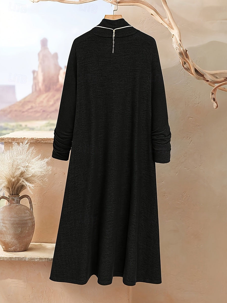 Dam Midiklänning Svart klänning Vardagsklänning Elegant Mode Modern Utomhus Semester Utekväll Lös passning Slät Långärmad Hög krage Svart Kaki Vår Höst 2026 - $41.99 –P2