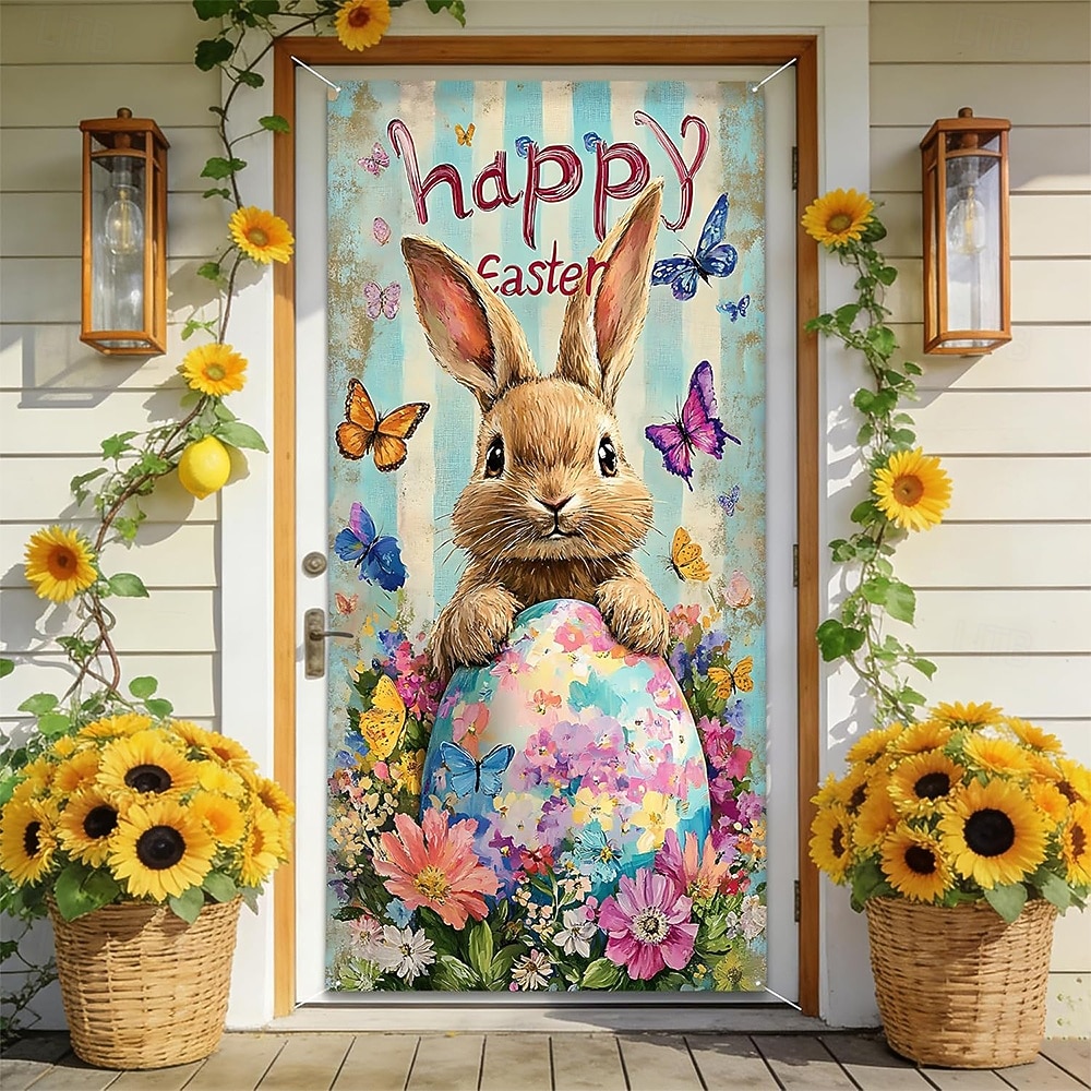 Пасхальный дверной баннер, счастливый пасхальный кролик, разноцветное яйцо, бабочка, подсолнух, весенняя вывеска для крыльца, настенный гобелен, декор для дома. 2026 - $17.99 –P1