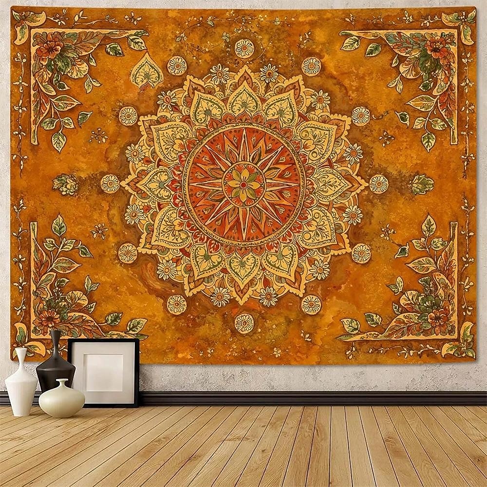 Tapeçaria de parede mandala amarelo mostarda, estilo boho vintage com design floral, grande, em tons terrosos, para decoração de casa, pôster de tecido para fundo de parede. de 2026 por $20.99 –P1
