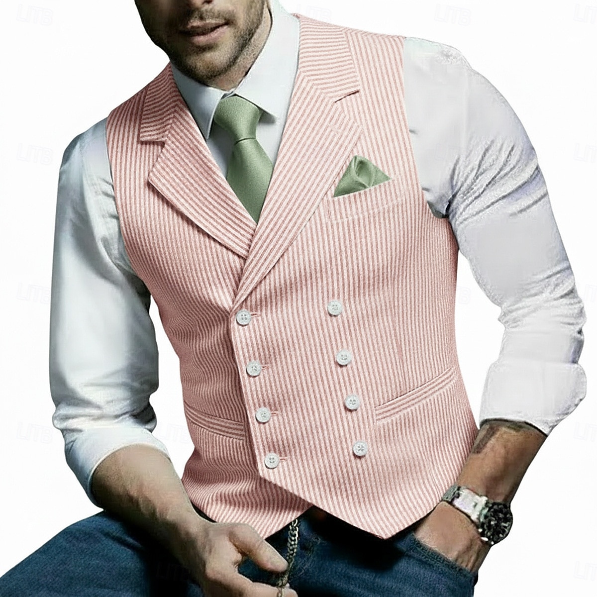 Γιλέκο Άνδρων Σίερσάκερ Γιλέκο Γιλέκο Vintage Μόδα Άνοιξη  Καλοκαίρι Κουμπιά Παραλία Γάμος Άνετο Ρετσάλι Διπλό κουμπί Μήκος Κολάρο Τακτικό Φινίρισμα Σαφράν Ροζ Γαλάζιο Γιλέκο 2026 - $39.99 –P3