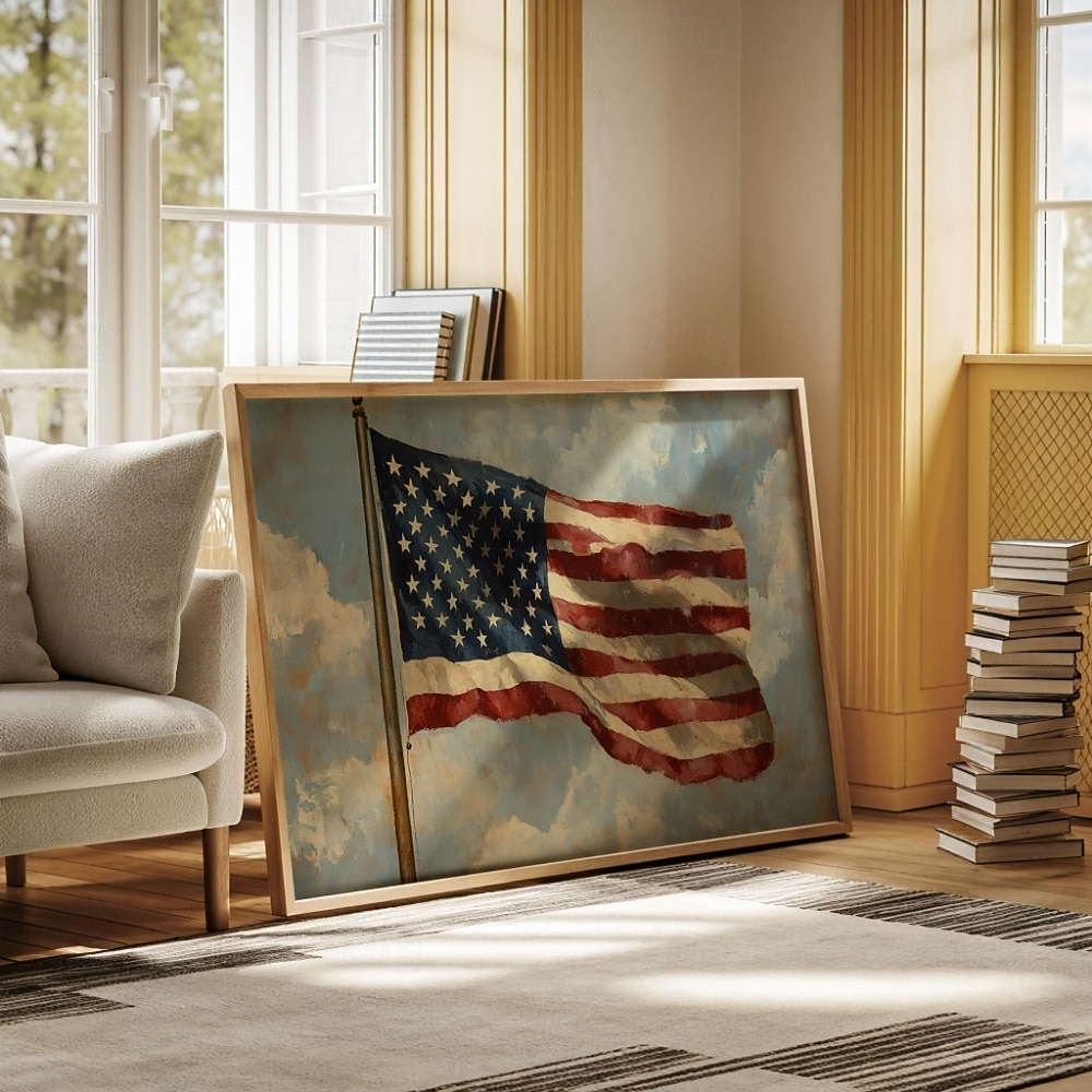 Arte en lienzo de la bandera estadounidense | Pintura patriótica de estrellas y franjas de EE.UU. con pinceladas rústicas | Decoración militar para el 4 de julio 2026 - $12.99 –P4