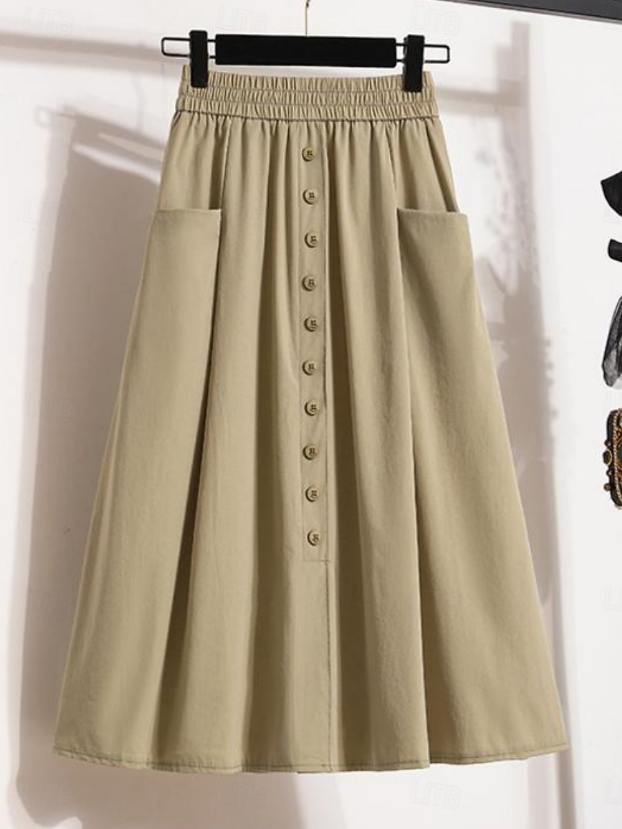 Női Divat Alkalmi Midi Magas derék Szoknyák Sima Zseb Nyúlós Napi Utca Fekete Khakizöld Tavasz Poliészter 2026 - $39.99 –P2