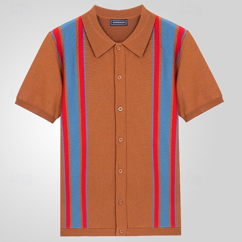 Bărbați Cămașă Cămașă casual Camașă cu nasturi Bleumarin Maro Manșon scurt Benzi verticale Guler Cămașă Casual Zilnic Îmbrăcăminte Elegant Modă Casual 2026 - $31.99 –P3
