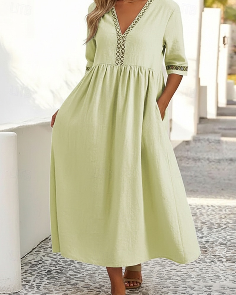 Women's 100% Cotton  Midi Dress Cotton Linen Dresses Shift Dress Fashion Modern Outdoor Vacation Going out Loose Fit Plain Half Sleeve V Neck Neon Yellow White Pink Green Summer Spring 2026 - $31.99 –P7
