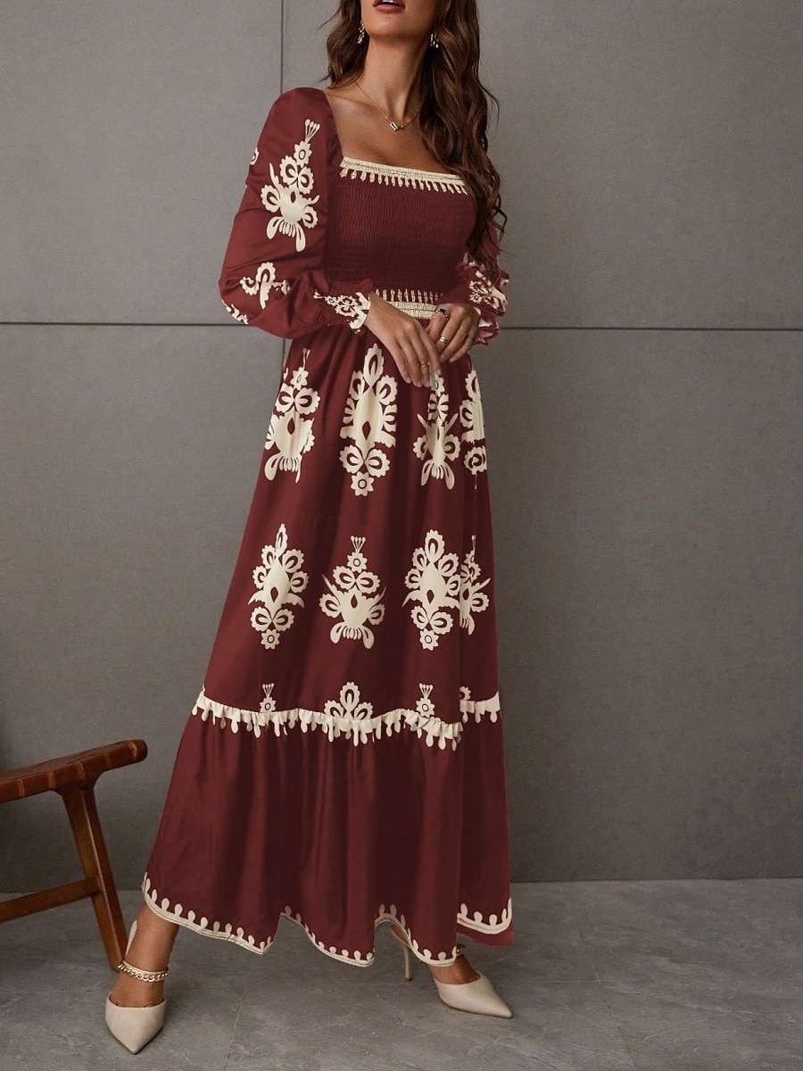 Mujer Vestido maxi Vestido de una línea Vestido de flores Elegante Moda Moderno Exterior Vacaciones Fiesta Ajuste regular Floral Manga Larga Escote Cuadrado Negro Burdeos Marrón Albaricoque Primavera 2026 - $41.99 –P15