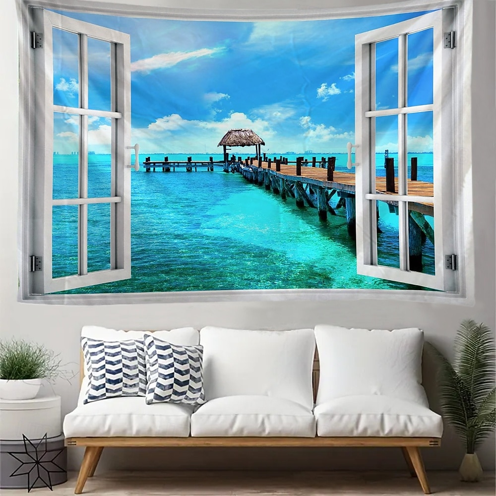 tropická pláž výhled z okna gobelín nástěnná dekorace 3D příroda krajina palmy oceán ostrov léto domácí dekorace velké látkové pozadí 2026 - $19.99 –P5