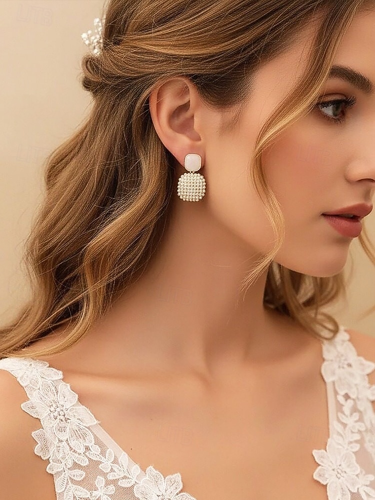 Women's Faux Pearl Square Drop Earrings, Elegant Geometric Statement Jewelry for Weddings, Evening Dinner Parties, and Formal Events, Classic Bridal Accessory Gift 2026 - $7.99 –P2