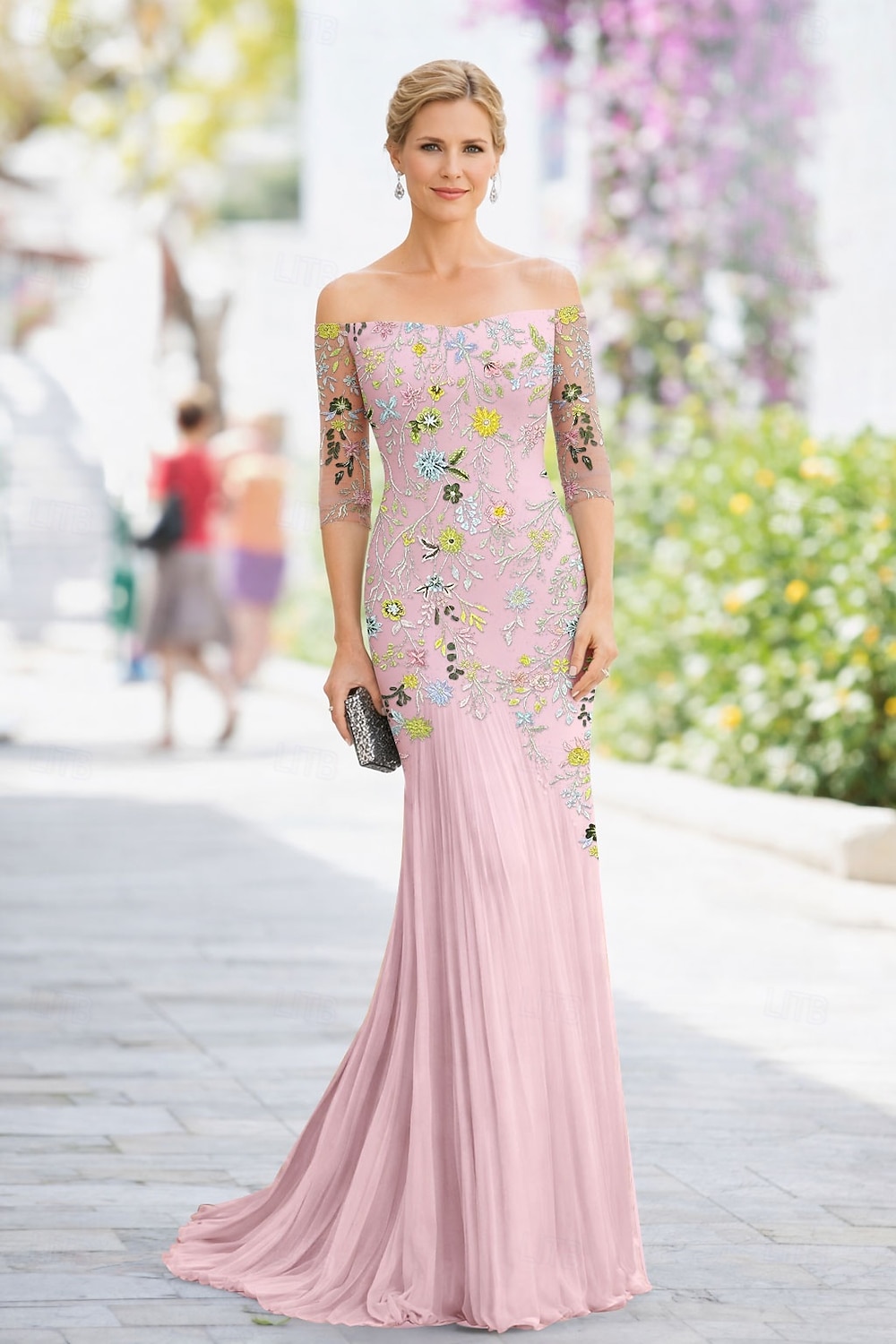 Mermaid Trumpet Floor Length Cocktail Dress Wedding Guest Dress Mother of the Bride Dress Half Sleeve Off Shoulder Elegant Simple Casual Formal Chiffon Lace with Pleats Embroidery Appliques 2026 - $183.99 –P1