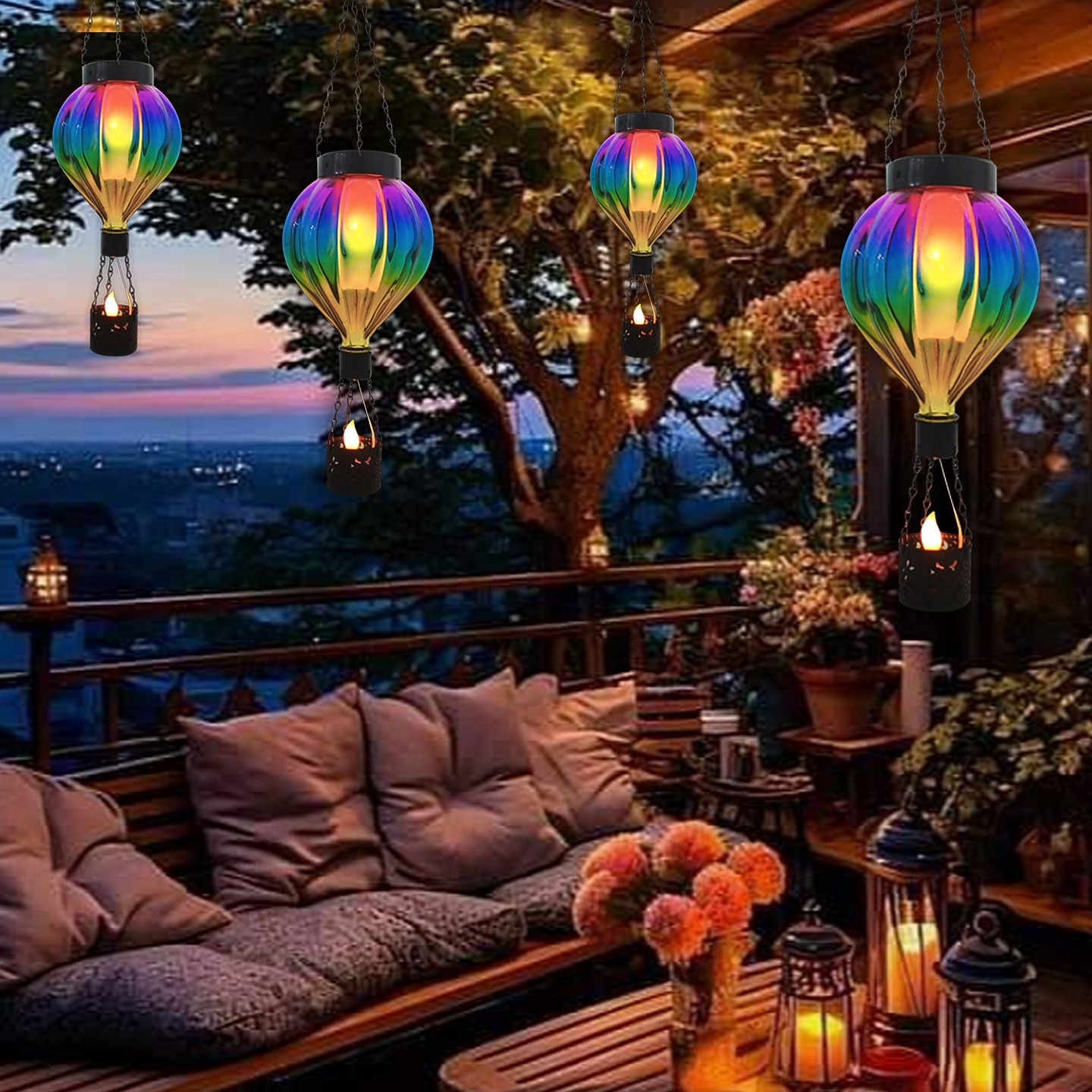 1 linterna de globo aerostático de metal de vidrio colorido impermeable y solar para exteriores, luz de llama simulada LED, decoración de árboles de granja y jardín, iluminación de paisaje, luz 2026 - $30.99 –P10