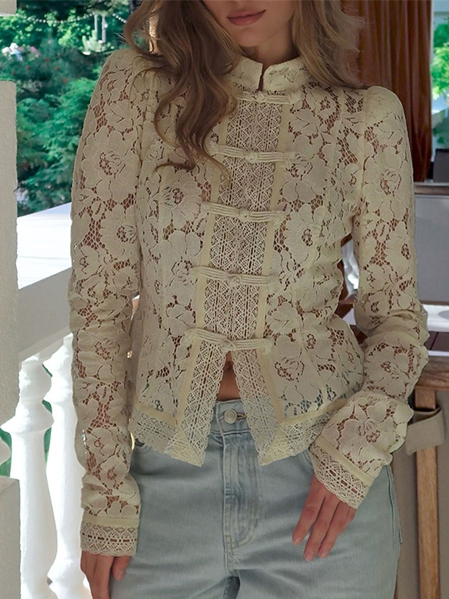 Per donna Camicia Camicia di Pizzo Blusa Pizzo Patchwork Bottoni Semplice Elegante Vintage Quotidiano Manica Lunga Manica a Palloncino Collo Alto Top Regolari Quotidiano Lavoro Ferie Nero Bianco del 2026 a $46.99 –P5