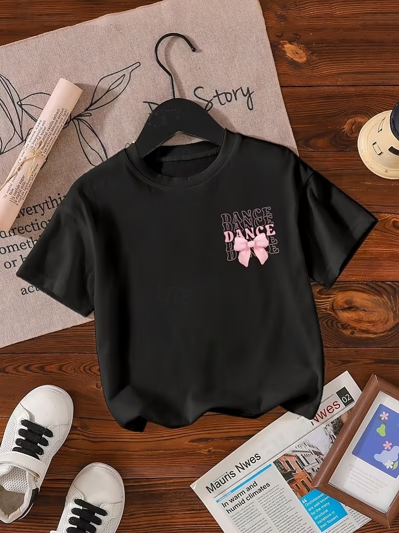 100% Baumwolle Kinder Mädchen Schwarz Grafik Schleife T-Shirt Rundhalsausschnitt Kurzarm Urlaub Sport & Outdoor Alltagskleidung Sport Mode Lässig Drucken Sommer Frühling 2026 - $14.99 –P4