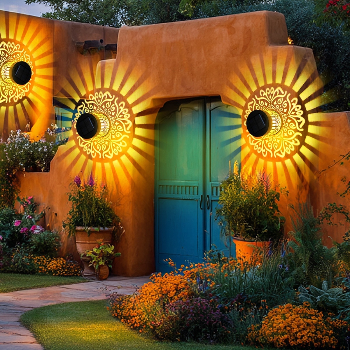 Conjunto de 2 luminárias solares de parede com projeção em metal vazado, com design mandala, classificação IP44 de resistência à água, luz branca quente, ideais para jardim, pátio, cerca, caminho, de 2026 por $29.99 –P3