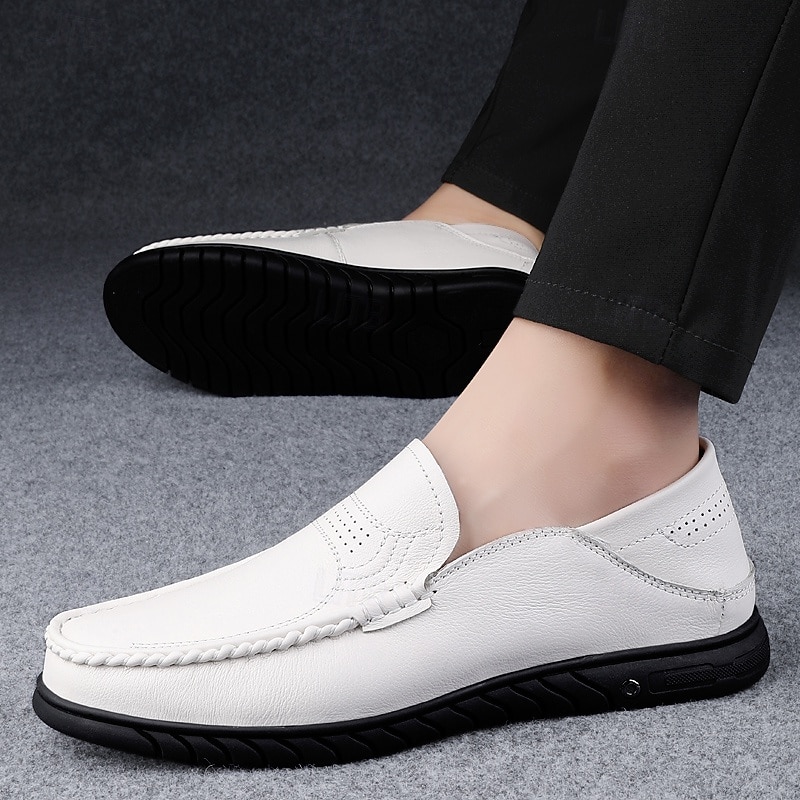 Men's White Moccasin Shoes, Genuine Faux Leather, Breathable Design, Classic Style, Comfortable for Casual Wear 2026 - $69.99 –P5
