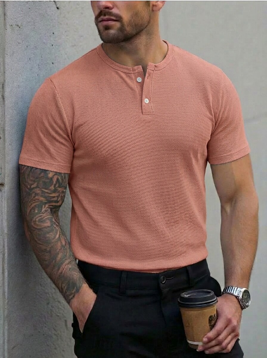 Bărbați Cămașă Henley Waffle Tee Top Manșon scurt Henley Vară Culoare solidă Modă Designer Comfortabil Nasturi Simplu Casual Zilnic În aer liber Negru Roz Alb Top tricou pentru bărbați 2026 - $18.99 –P2