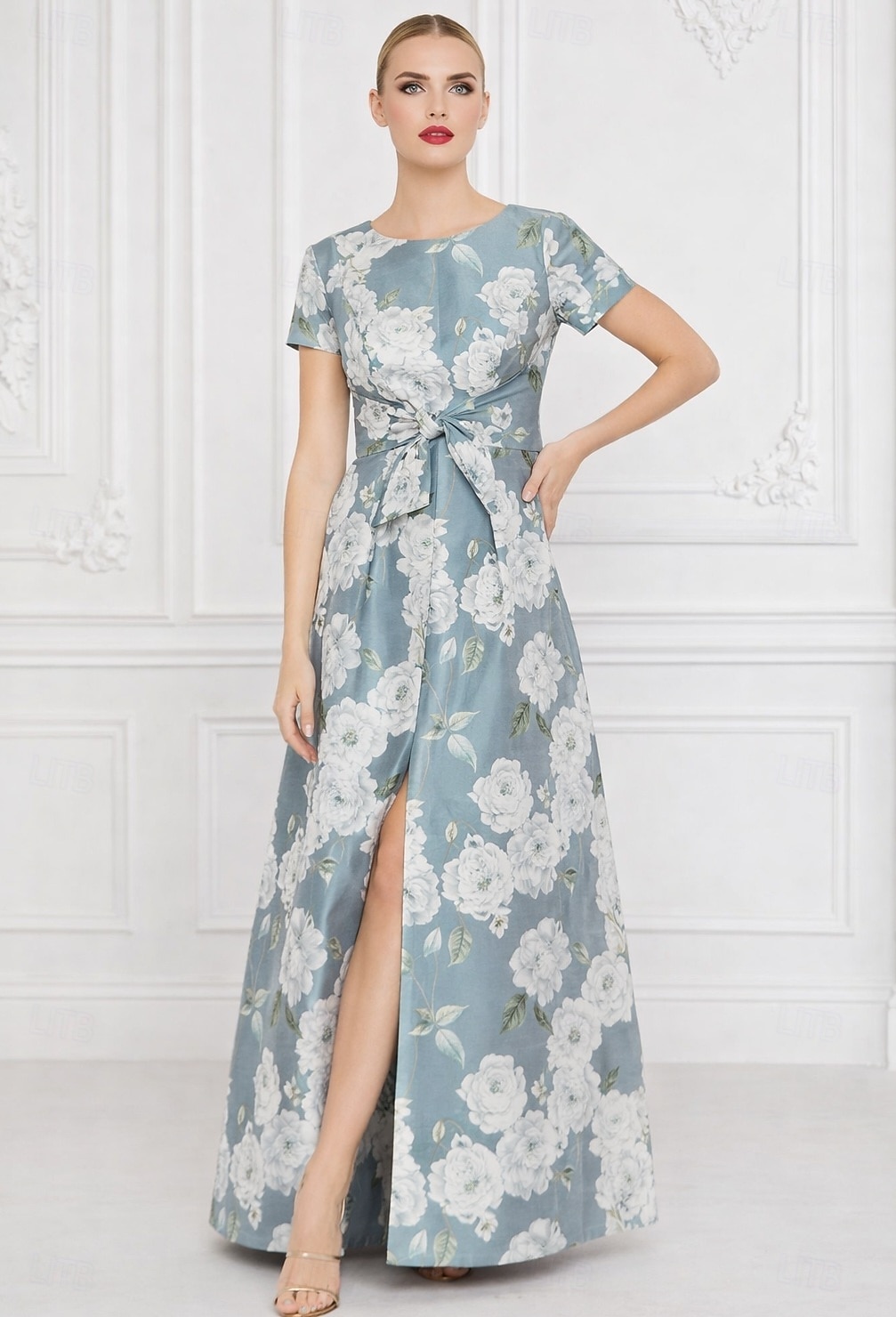 A-Line Floor Length Evening Gown Formal Dress Elegant Floral Silky Short Sleeve Crew Neck Garden Party Wedding Pocket Satin with Floral Print Bow(s) Strappy 2026 - $194.99 –P1
