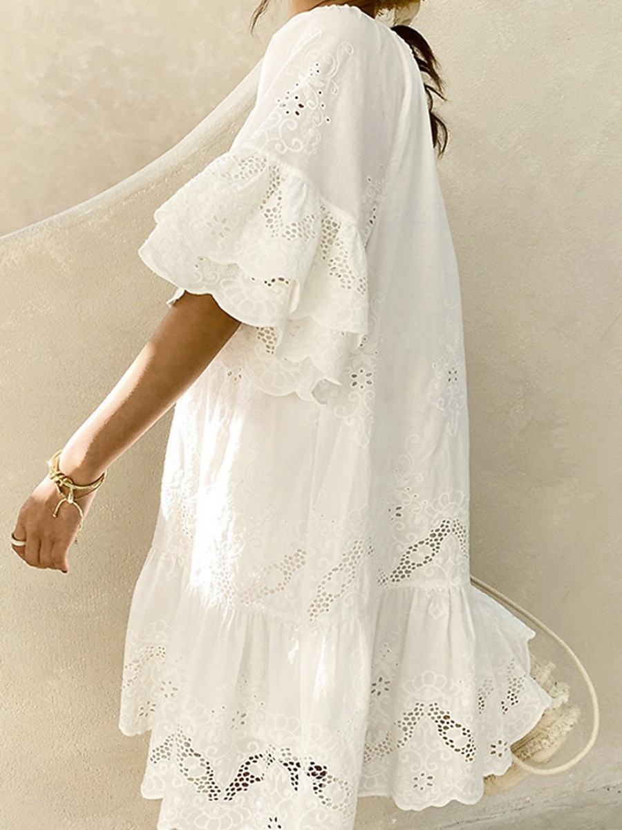 Női Midi ruha Csipkeruha Fehér ruha hétköznapi ruha Elegáns Divat Modern Szabadtéri Vakáció Alkalmi Vékony Sima Rövid ujjú Hasított nyak Fehér Nyár Tavasz 2026 - $41.99 –P3