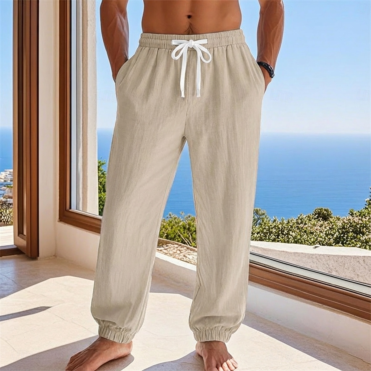 Homme Joggeurs Pantalons en Lin Pantalons Pantalon d'été Pantalons Amples Cordon de serrage Taille Élastique Uni Confort Léger Longueur complète Quotidien Plage Fête Vacances Mode Noir Blanche Non de 2026 ? $25.99 –P7