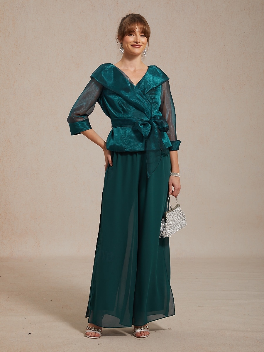 Dame Dressy topper knyte foran Illusjon Elegant 3/4 ermer V-hals Skjortekrage Vanlige topper Bryllupsgjest Cocktail antrekk Smaragd Grønn Sommer Vår Høst 2026 - $98.99 –P8