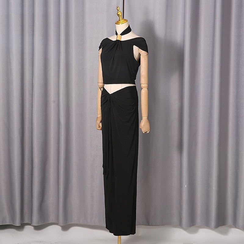 Two Piece Sheath Column Floor Length Wedding Guest Dress Wedding Guest Dresses Elegant Daily Cap Sleeve Halter Neck Garden Party Wedding with Ruched 2026 - $126.99 –P4