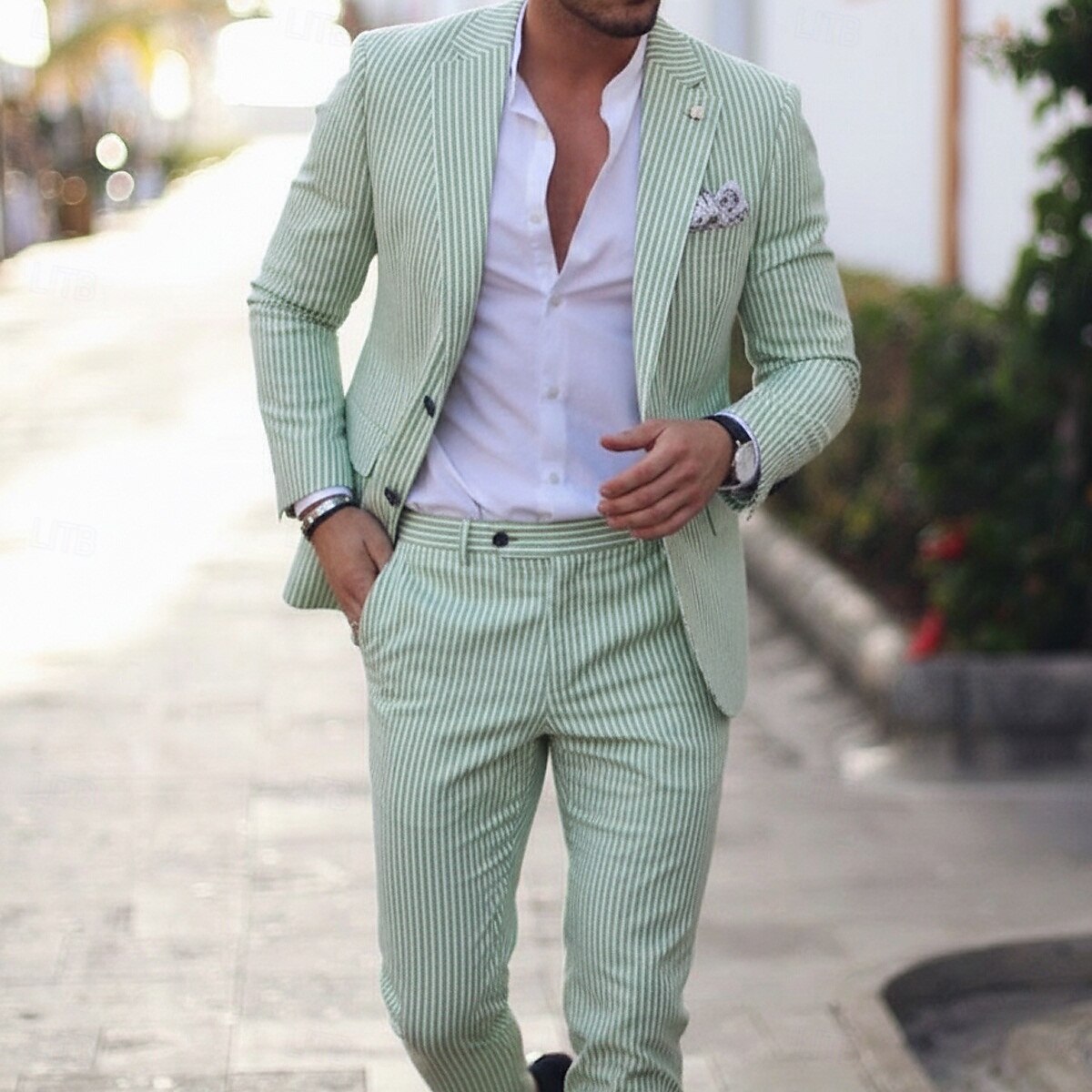 Мужские повседневные пляжные свадебные пиджаки с узором зебра розовые небесно-голубые модные легкие полосатые приталенные 2-х предметные с единственной пуговицей на два кнопки 2026 - $109.99 –P1