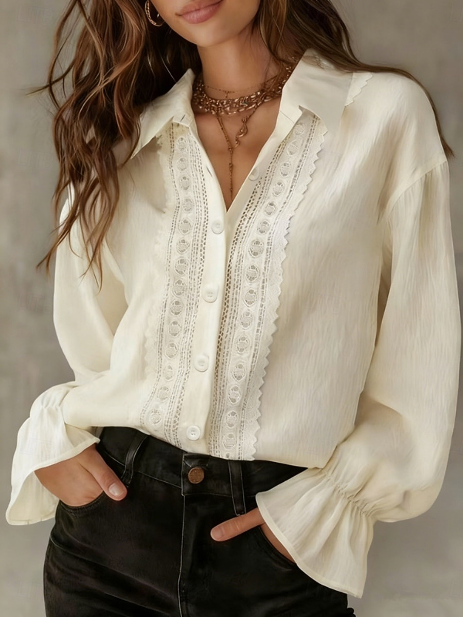 Dames 100% Katoenen Blouse Faux Linnen Geplooide Knoppen Effen Kleur Stijlvol Basis Casual Lange Mouwen Kraag Reguliere Tops Dagelijks Blauw Zwart Wit Roze Beige Lente Fall Winter 2026 - $33.99 –P4