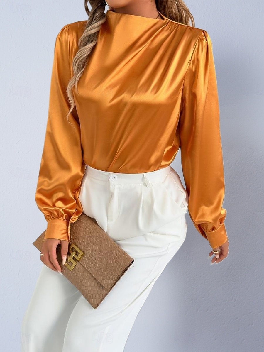 Dames Overhemd Satijnen overhemd Normaal shirt Met ruches Effen Stijlvol Basic Klassiek Lange mouw Hoge nek Normale tops Dagelijks Feestdagen Uitgaan Zwart Wit Wijn Rood Lente Herfst 2026 - $22.99 –P2