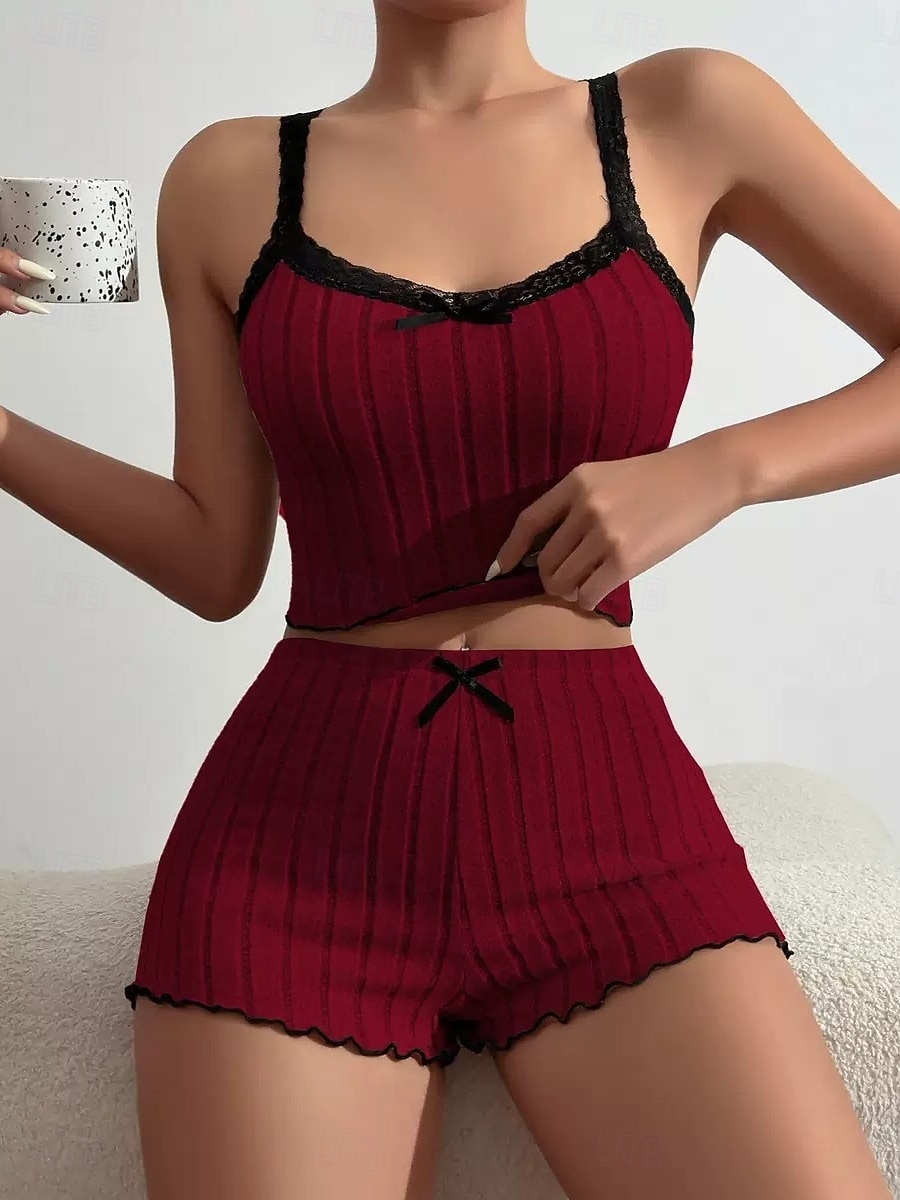 Femmes Ensemble Pyjama Occasionnel Confort Couleur Unie Dentelle Taille Élastique Shorts Quotidien Maison Sans manches Bretelles Bleu Blanche Rose Claire Vin Gris Été Printemps Coupe régulière de 2026 ? $14.99 –P8