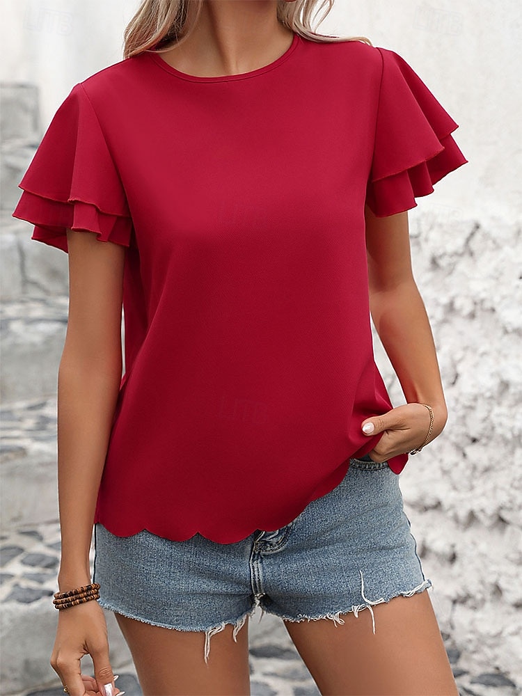 Dam T-shirt Utklippt Knappar Ensfärgat Vintage Stylish Ledigt Kortärmad Volangärm Rund hals Vanliga toppar Dagligen Utekväll Rubinrött Sommar Vår 2026 - $22.99 –P3