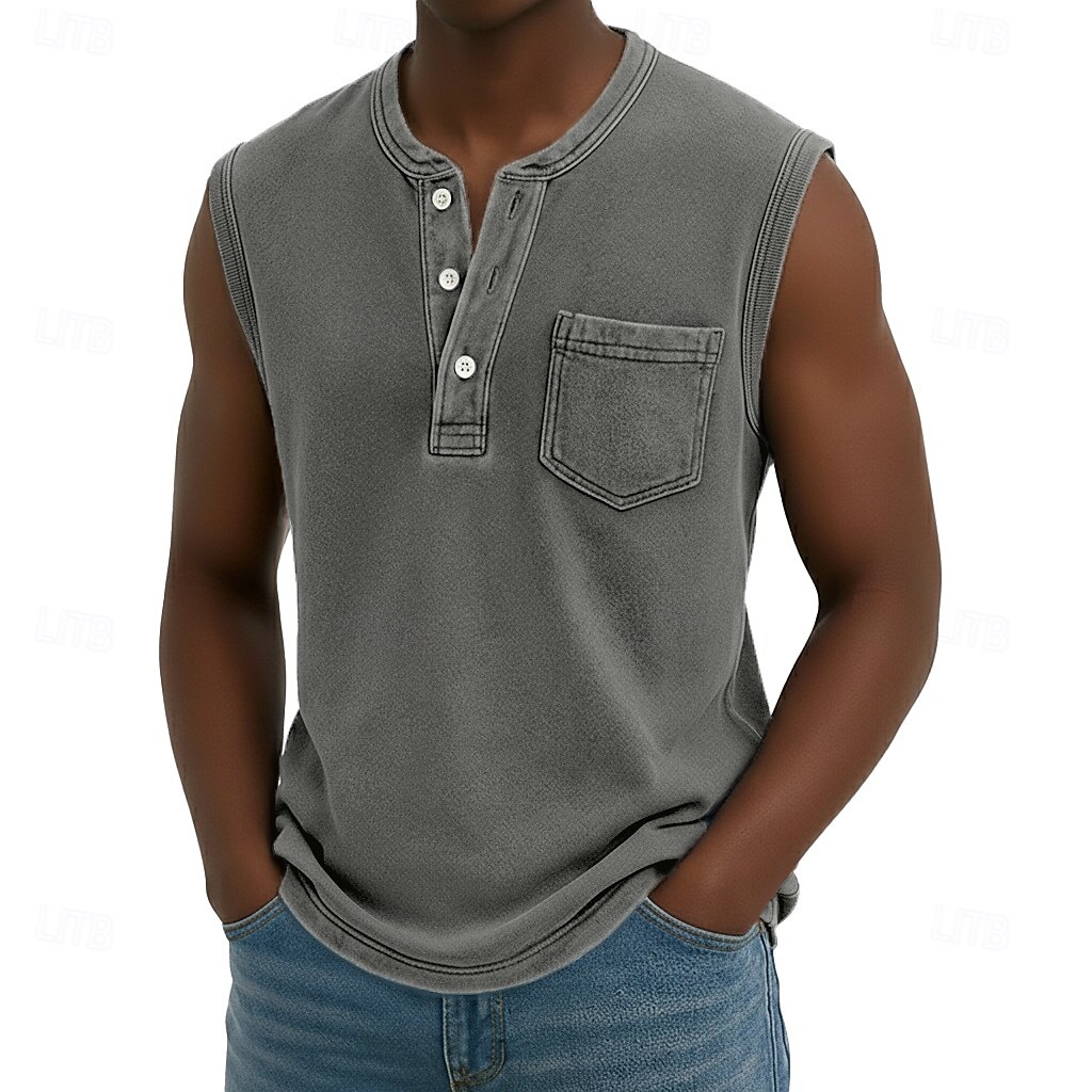 Débardeur pour homme SoftFade™ sans manches chemise sans manches Henley été printemps uni basique poche style vintage teinture en pièce vacances street décontracté quotidien noir haut Tee pour hommes de 2026 ? $23.99 –P7