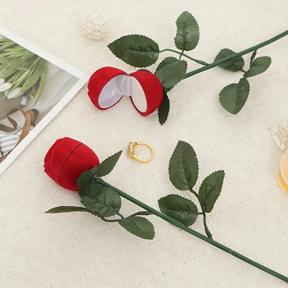 1PC Flocked Rose Ring Box Long Root Rose Creative Red Rose Flower Ring Display Box Proposal Engagement Anniversary Romantic Gift Box Wedding Jewelry Display Storage 2026 - $9.99 –P7
