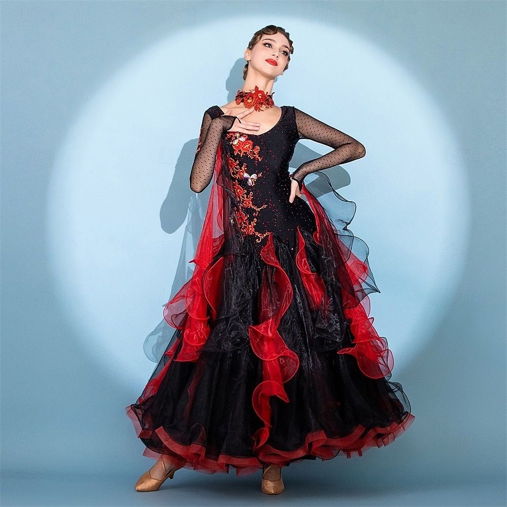 abito da ballo da sala da donna in organza arricciata con ricami a fiamma rossa nera, tango foxtrot paso doble, abito da competizione del 2026 a $241.99 –P1