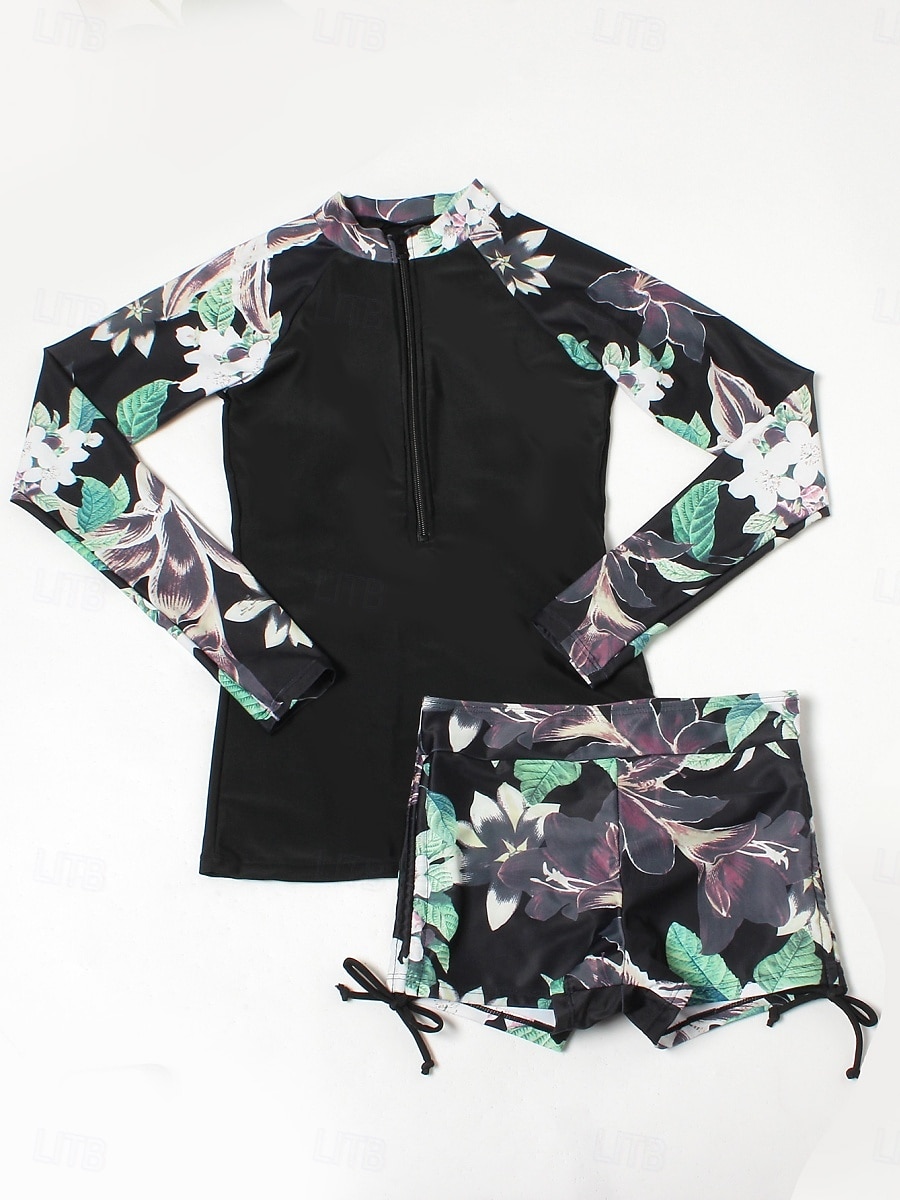 Жен. Купальники Танкини 2 шт. Шорты купальник Утягивание живота Завышенная Тонкие Открытая спина Отпуск Одежда для пляжа Цветочный принт Вырез под горло Длинный рукав Купальники 2026 - $32.99 –P2