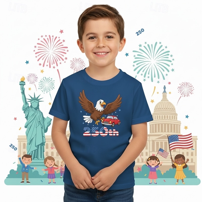 100% Cotton Kids Boys' Blue Black White Graphic Eagle 250th Anniversary T shirt Blouse Crew Neck Short Sleeve Outdoor Dailywear Fashion Streetwear Designer Printing Summer Spring 2026 - $19.99 –P4