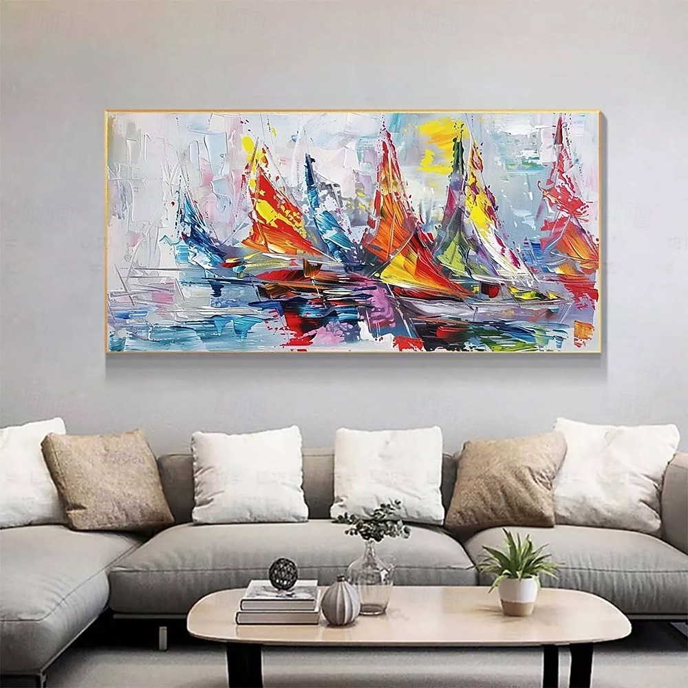 Mintura, peinture à l'huile abstraite texturée faite à la main représentant des paysages de bateaux, sur toile. Décoration murale moderne, tableau roulé sans cadre ni châssis. de 2026 ? $75.99 –P1
