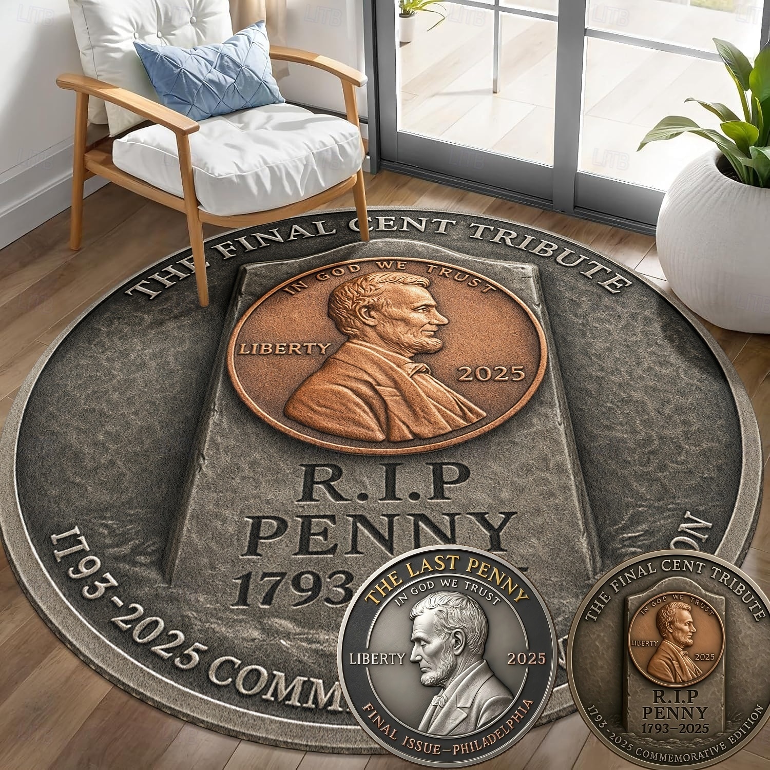 Coins Area Rug Final Cent Tribute 1793-2025 Lincoln Memorial Penny Coin Rug and Coin ...
