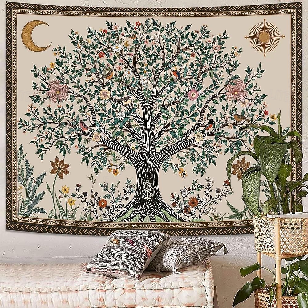 Tapeçaria de parede vintage estética com árvore da vida, fundo floral botânico da natureza, decoração boêmia para quarto, arte de parede grande para decoração de apartamento ou dormitório. de 2026 por $19.99 –P4