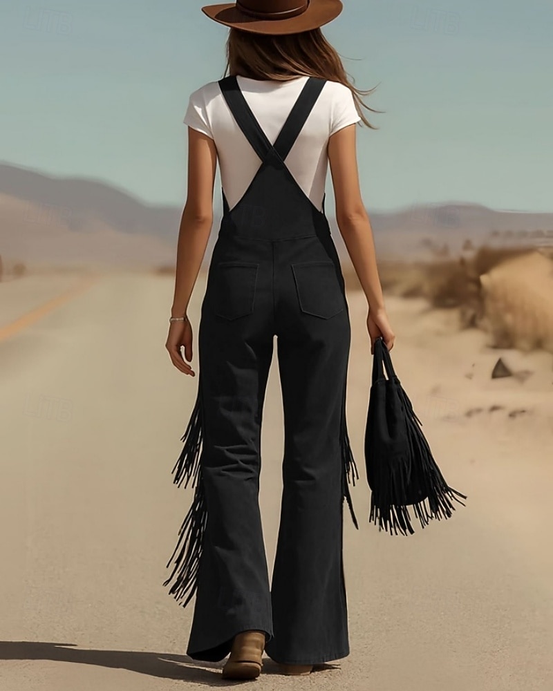 Жен. Брюки карго Широкие Биб Колготки Комбинезон Мода Уличный стиль На каждый день Полная длина Завышенная Полотняное плетение С кисточками Карман удобный Неэластичная 2026 - $61.99 –P10