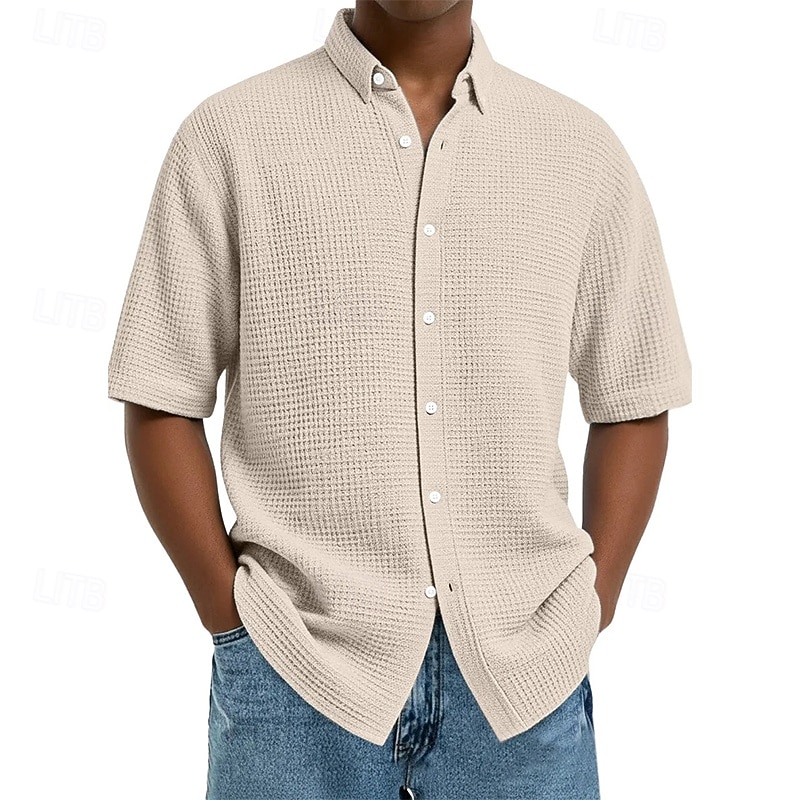 Homens Camisa Social Camisa Waffle Textura Camisa casual camisa de botão Vinho Azul Marinha Manga Curta Tecido Lapela Diário Streetwear Roupa Moda Moderno Casual Confortável de 2026 por $22.99 –P10
