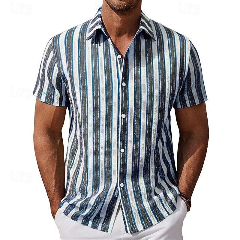 Homens Camisa Social Camisa casual camisa de botão Azul Verde Caqui Manga Curta Tiras verticais Colarinho de Camisa Casual Diário Roupa Elegante Moda Casual de 2026 por $31.99 –P3
