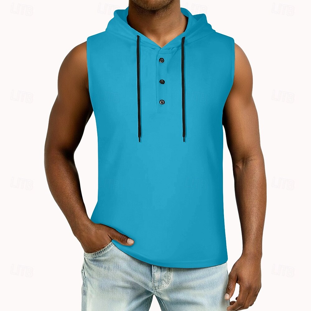 2026年 男性 ベストトップ ヘンリーパーカー ティートップ ノースリーブ フード付き 夏 純色 平織り ファッション デザイナー ベーシック ボタン フード付き カジュアル バケーション ストリート ブルー ブラック ホワイト メンズトップTシャツ  コレクション – $16.49 –P10